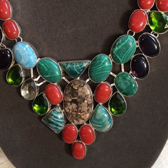 TURTILLA AGATE WITH MALACHITE GEMS NECKLACE SILVER - Picture 2 of 16